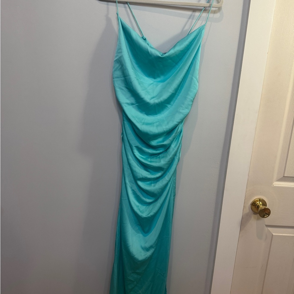 Crās Nully Aqua Satin Slip Dress with Spaghetti Straps 34 small
